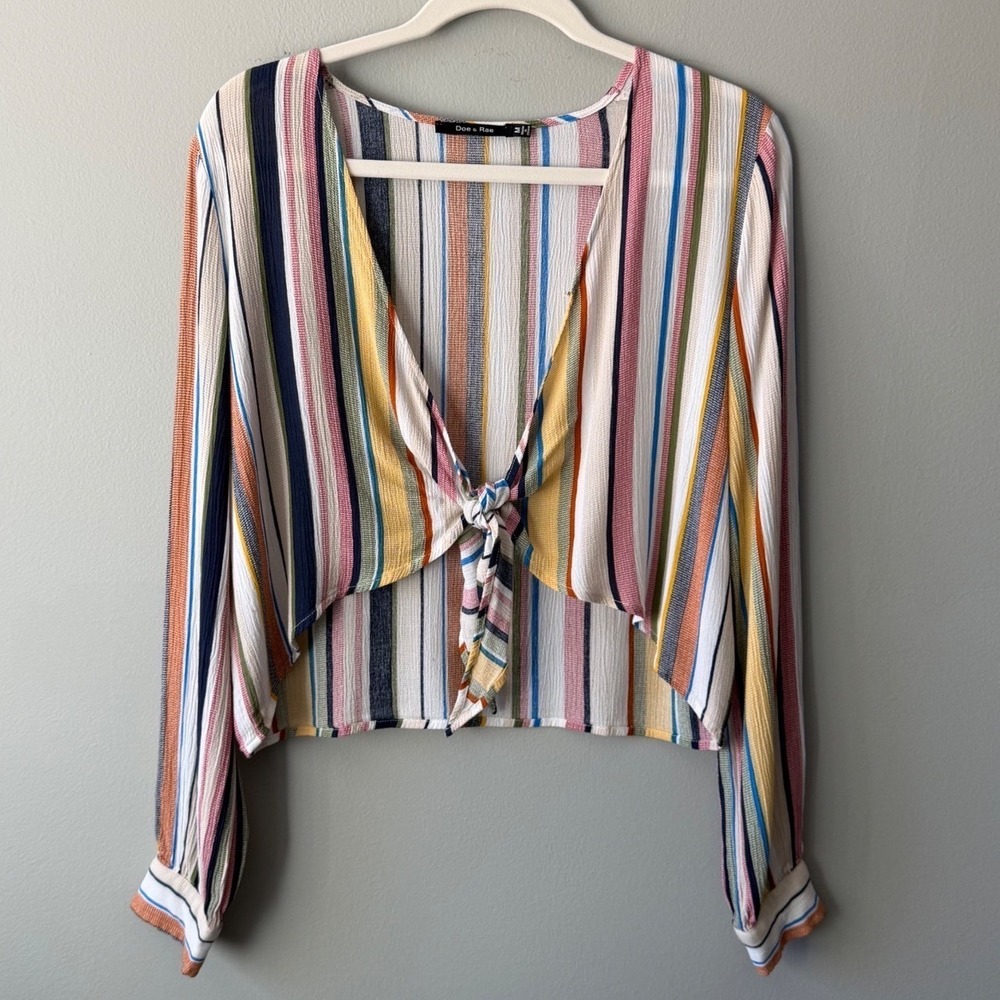 Doe & Rae Tie Front Crop Top Striped Long Sleeve Women's Medium